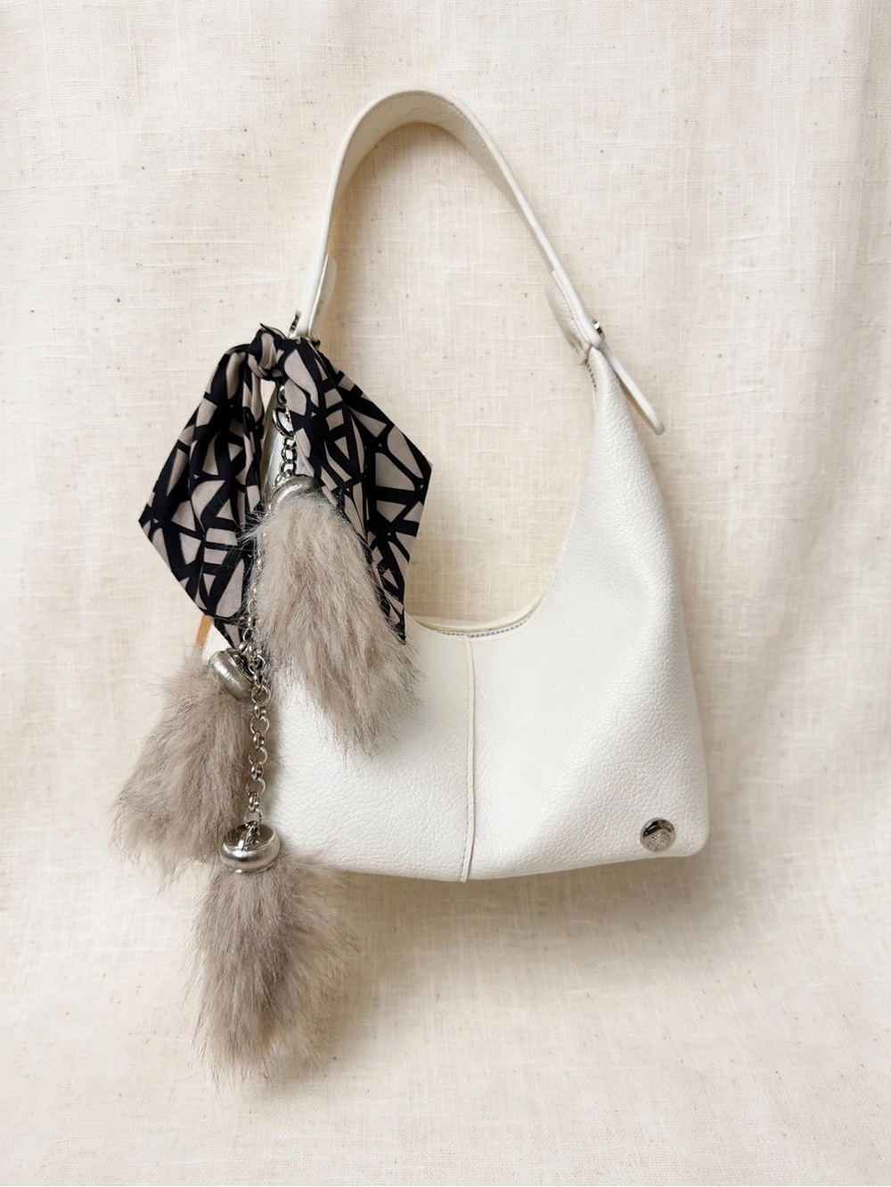 White Leather Shoulder Bag with Fur Charm